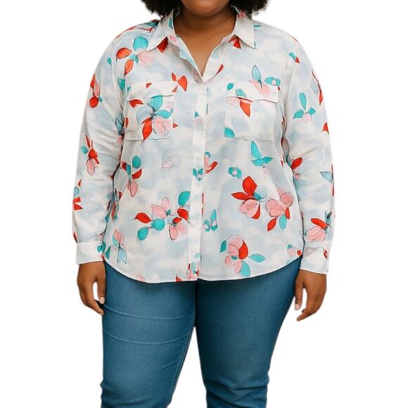 Candies Button Down Floral Print White Boho Women's Blouse Size 2X - Picture 1 of 12